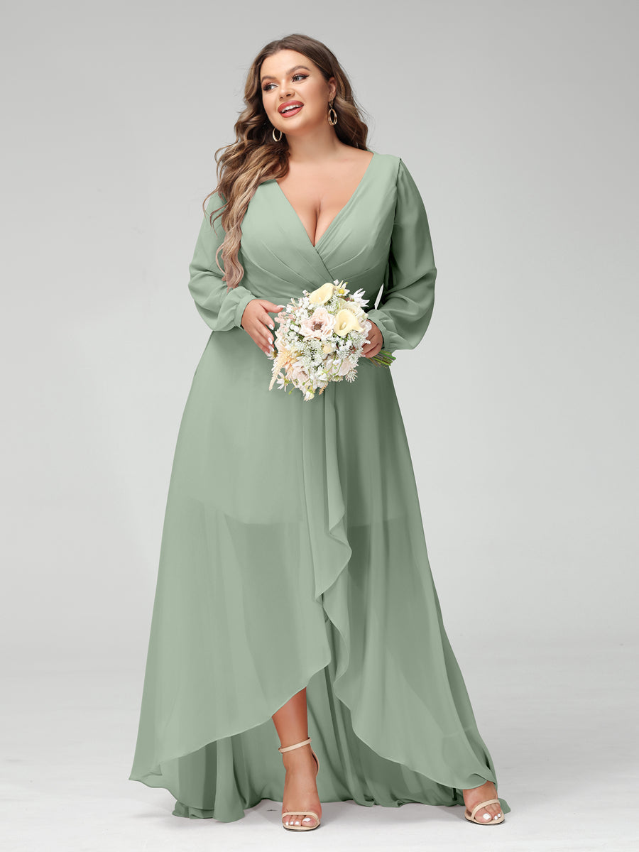 A-Line/Princess V-Neck Long Sleeves Chiffon Ruched Asymmetrical Plus Size Bridesmaid Dresses with Pockets Sage