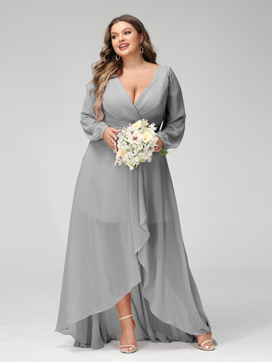 A-Line/Princess V-Neck Long Sleeves Chiffon Ruched Asymmetrical Plus Size Bridesmaid Dresses with Pockets Silver