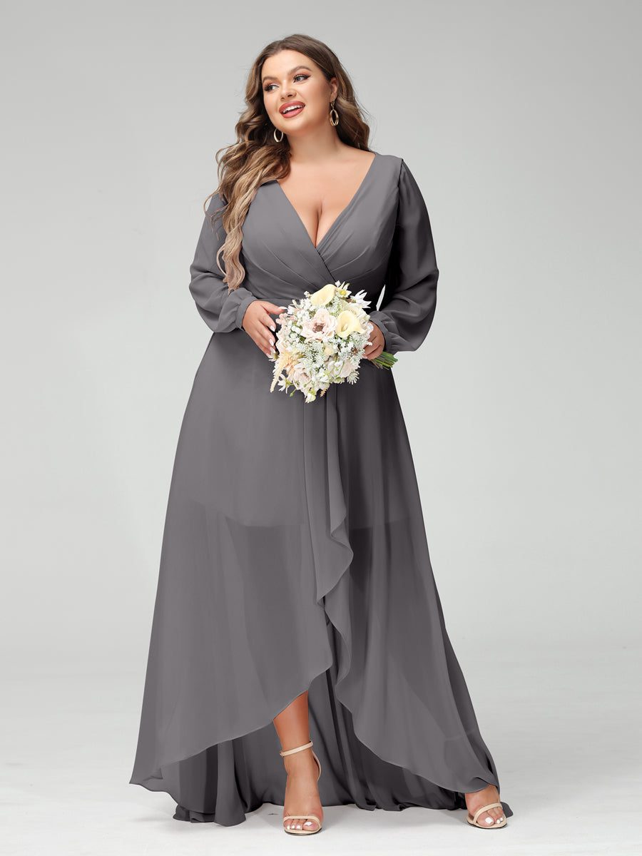A-Line/Princess V-Neck Long Sleeves Chiffon Ruched Asymmetrical Plus Size Bridesmaid Dresses with Pockets Silver Gray