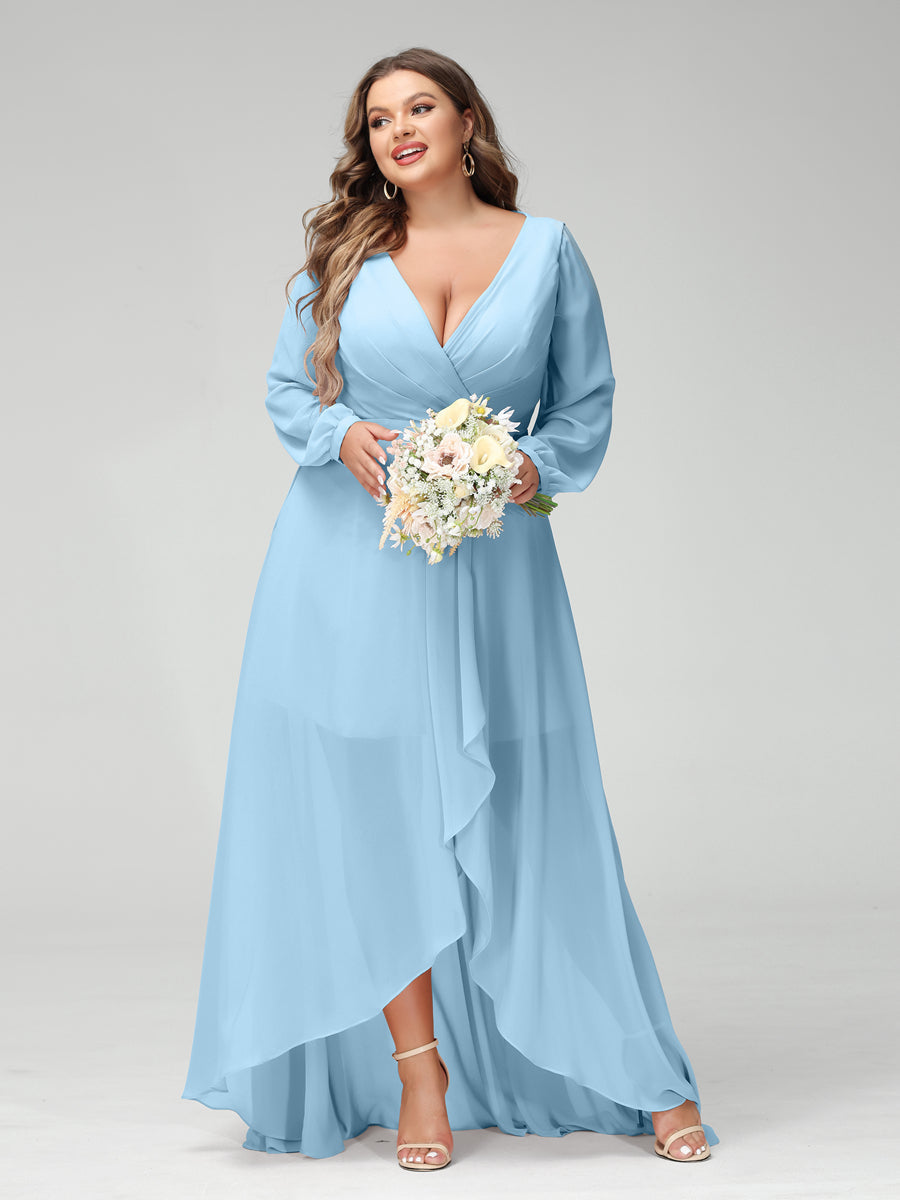 A-Line/Princess V-Neck Long Sleeves Chiffon Ruched Asymmetrical Plus Size Bridesmaid Dresses with Pockets Sky Blue