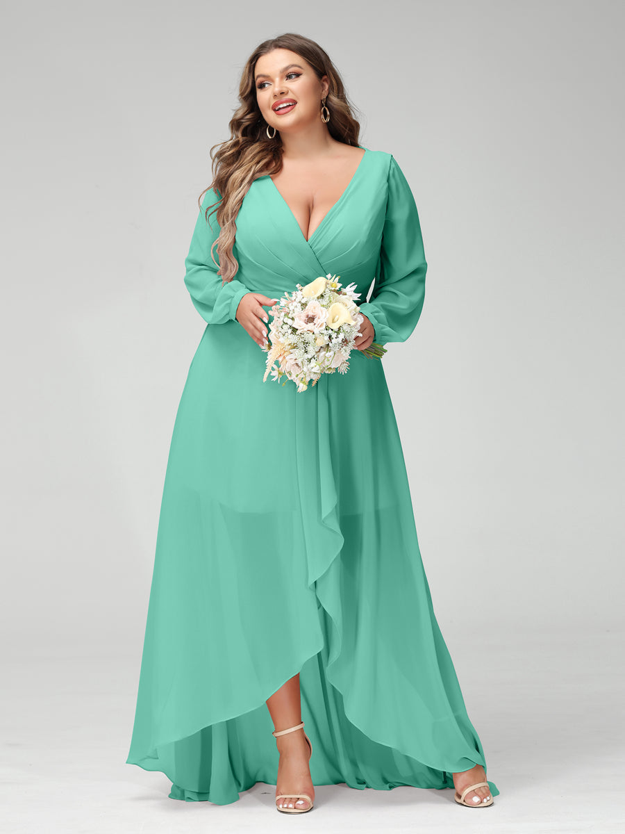 A-Line/Princess V-Neck Long Sleeves Chiffon Ruched Asymmetrical Plus Size Bridesmaid Dresses with Pockets Spa