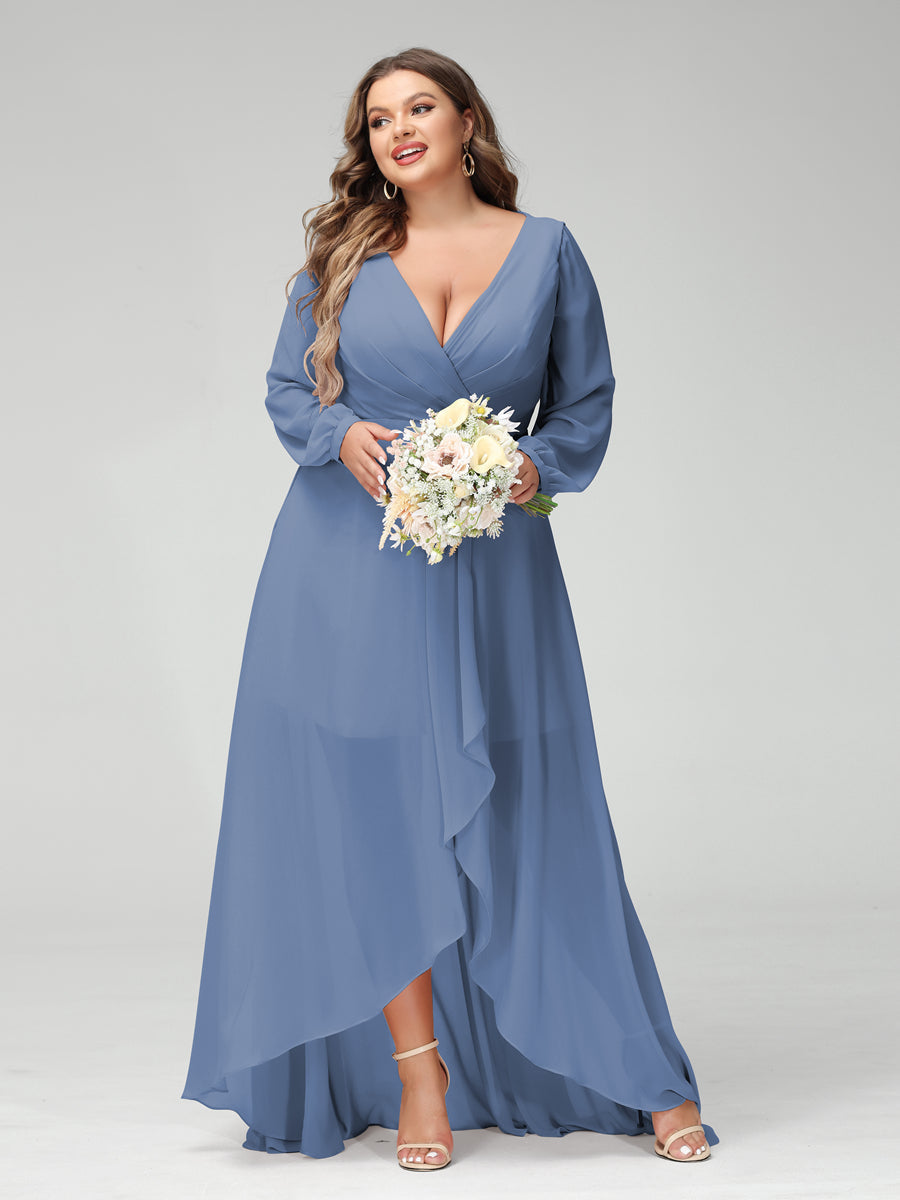 A-Line/Princess V-Neck Long Sleeves Chiffon Ruched Asymmetrical Plus Size Bridesmaid Dresses with Pockets Steel Blue