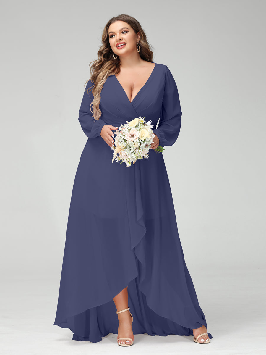 A-Line/Princess V-Neck Long Sleeves Chiffon Ruched Asymmetrical Plus Size Bridesmaid Dresses with Pockets Stormy Blue