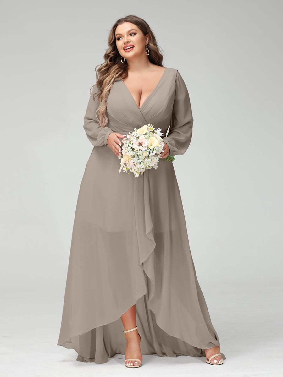A-Line/Princess V-Neck Long Sleeves Chiffon Ruched Asymmetrical Plus Size Bridesmaid Dresses with Pockets Taupe