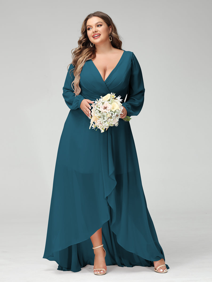 A-Line/Princess V-Neck Long Sleeves Chiffon Ruched Asymmetrical Plus Size Bridesmaid Dresses with Pockets Teal