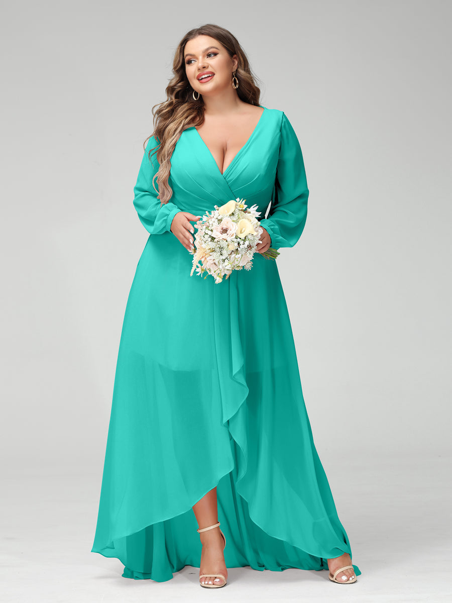 A-Line/Princess V-Neck Long Sleeves Chiffon Ruched Asymmetrical Plus Size Bridesmaid Dresses with Pockets Turquoise