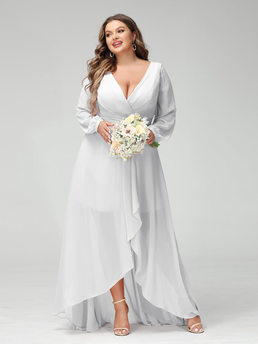 A-Line/Princess V-Neck Long Sleeves Chiffon Ruched Asymmetrical Plus Size Bridesmaid Dresses with Pockets White