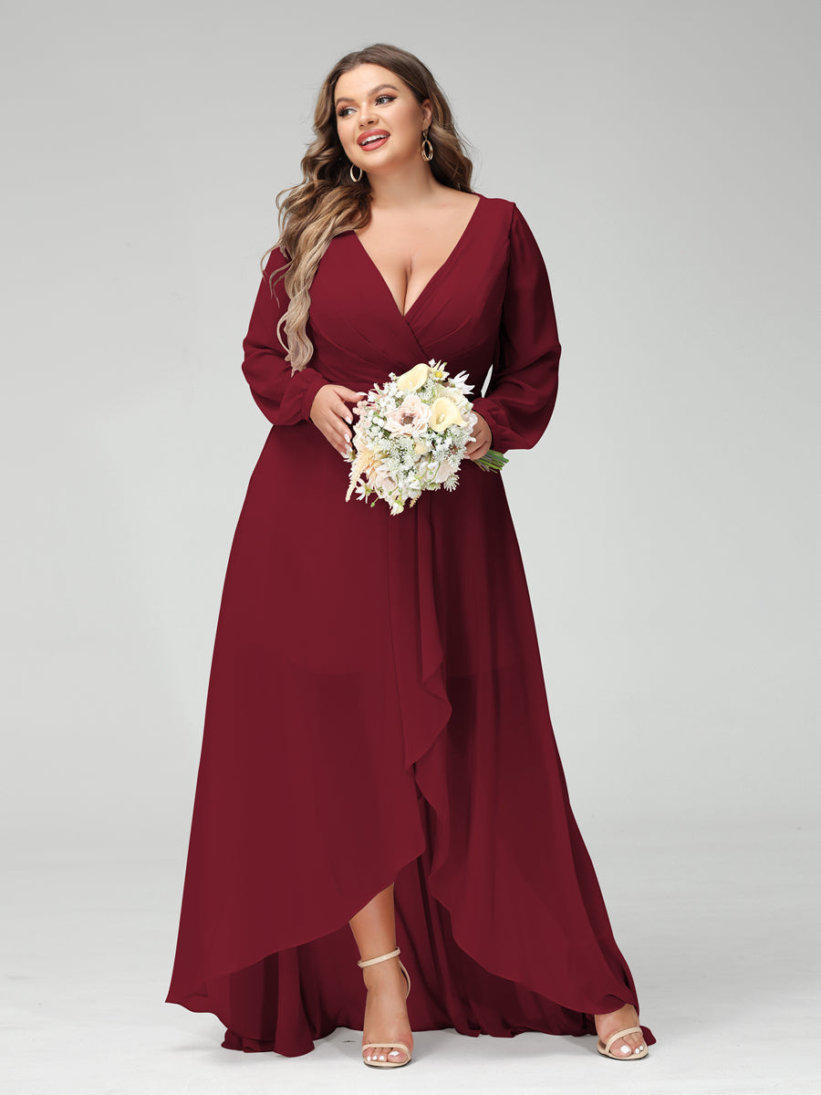 A-Line/Princess V-Neck Long Sleeves Chiffon Ruched Asymmetrical Plus Size Bridesmaid Dresses with Pockets Wine Red