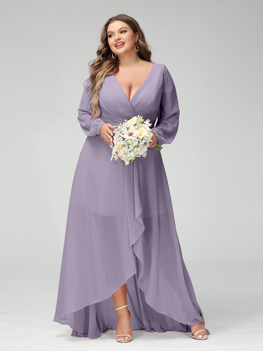A-Line/Princess V-Neck Long Sleeves Chiffon Ruched Asymmetrical Plus Size Bridesmaid Dresses with Pockets Wisteria