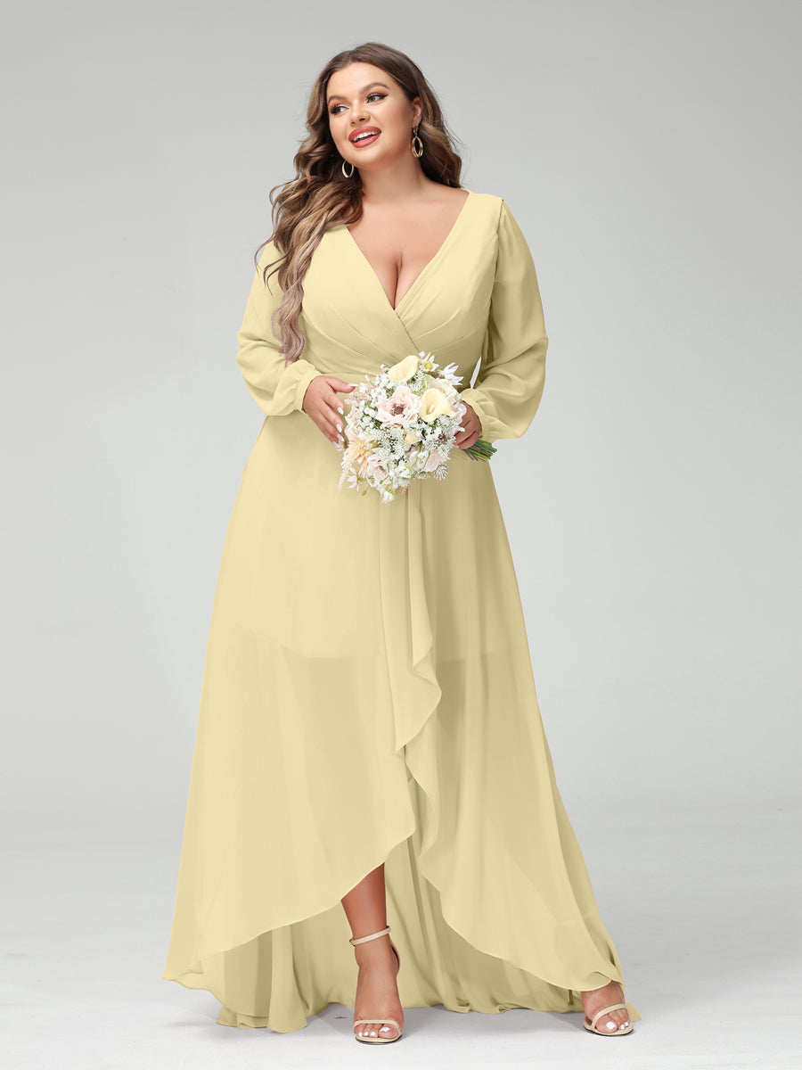 A-Line/Princess V-Neck Long Sleeves Chiffon Ruched Asymmetrical Plus Size Bridesmaid Dresses with Pockets Yellow
