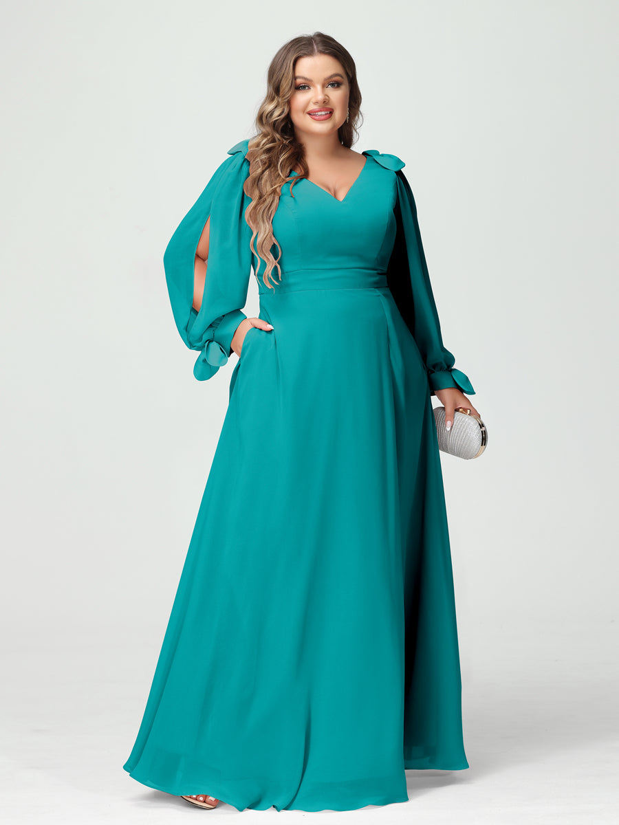 A-Line/Princess V-Neck Long Sleeves Chiffon Split Side Plus Size Bridesmaid Dresses with Pockets Aqua Blue