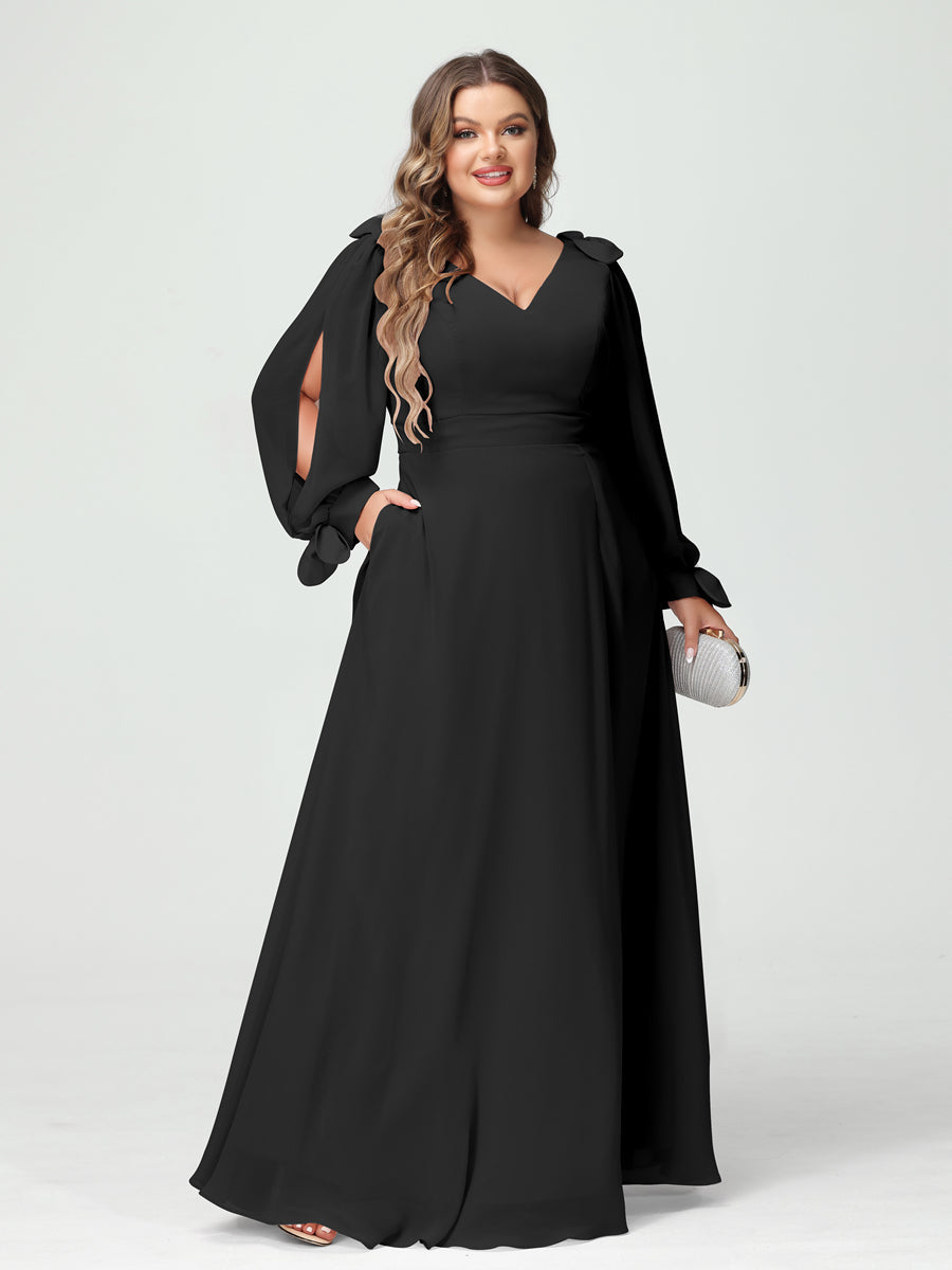 A-Line/Princess V-Neck Long Sleeves Chiffon Split Side Plus Size Bridesmaid Dresses with Pockets Black