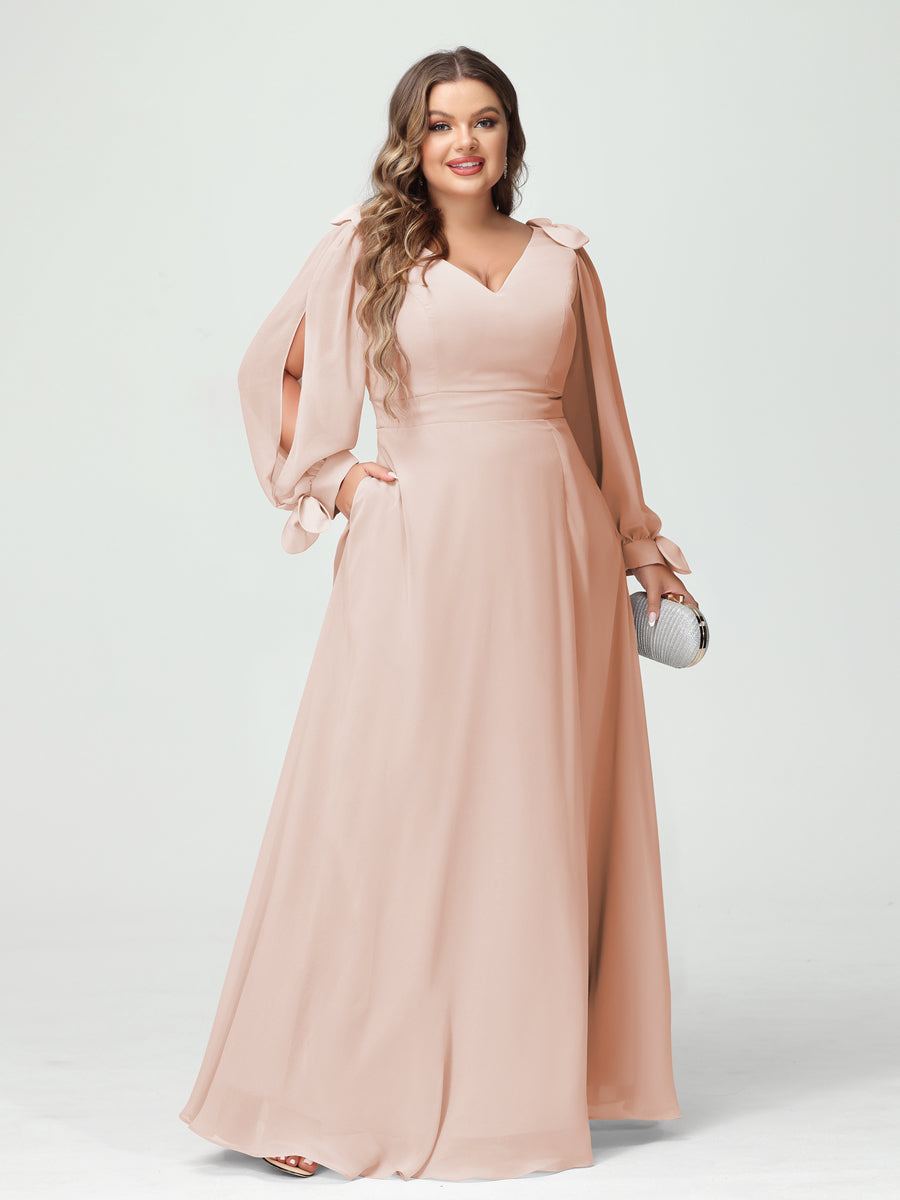 A-Line/Princess V-Neck Long Sleeves Chiffon Split Side Plus Size Bridesmaid Dresses with Pockets Blush Pink