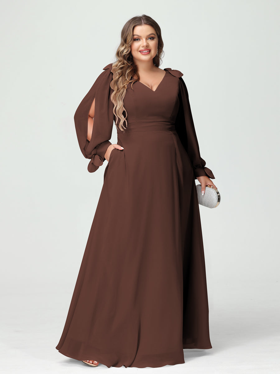 A-Line/Princess V-Neck Long Sleeves Chiffon Split Side Plus Size Bridesmaid Dresses with Pockets Brown