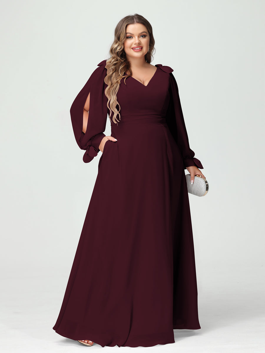 A-Line/Princess V-Neck Long Sleeves Chiffon Split Side Plus Size Bridesmaid Dresses with Pockets Burgundy