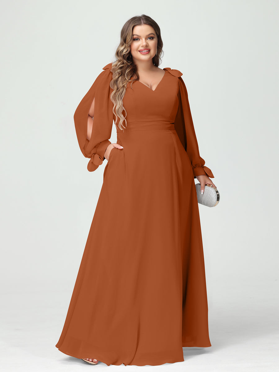 A-Line/Princess V-Neck Long Sleeves Chiffon Split Side Plus Size Bridesmaid Dresses with Pockets Burnt Orange