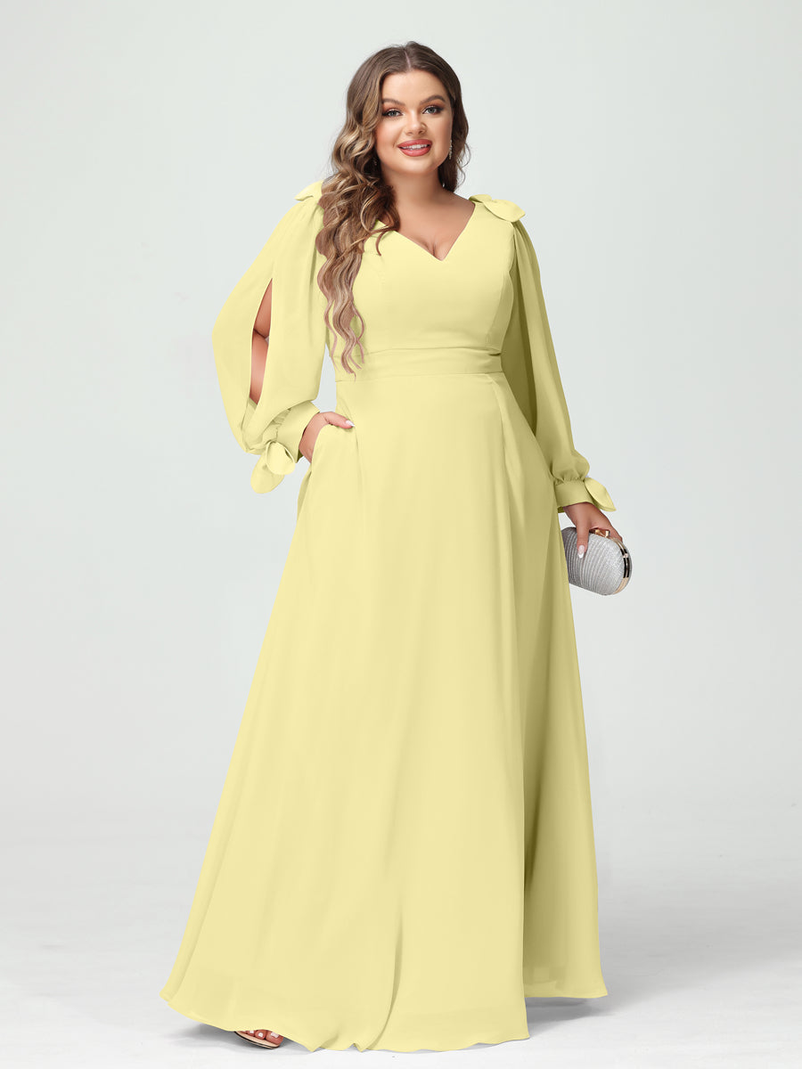 A-Line/Princess V-Neck Long Sleeves Chiffon Split Side Plus Size Bridesmaid Dresses with Pockets Canary