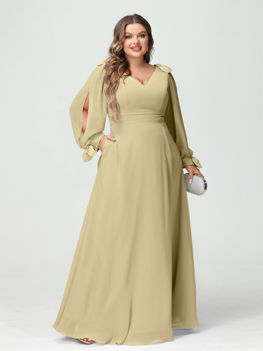 A-Line/Princess V-Neck Long Sleeves Chiffon Split Side Plus Size Bridesmaid Dresses with Pockets Champagne