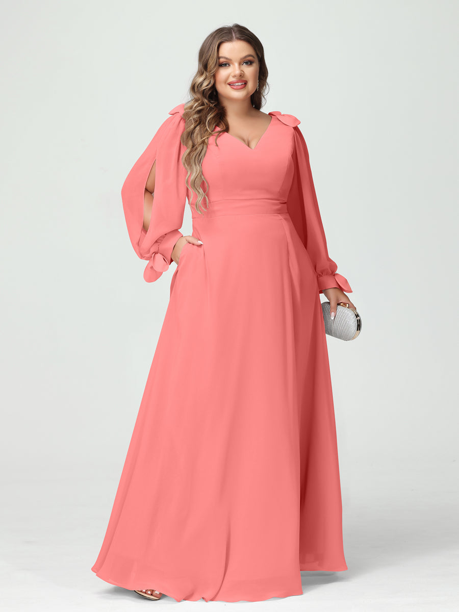 A-Line/Princess V-Neck Long Sleeves Chiffon Split Side Plus Size Bridesmaid Dresses with Pockets Coral