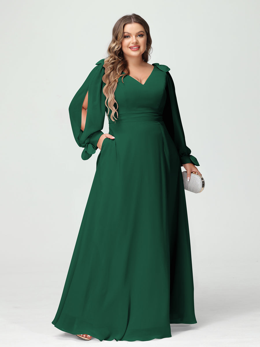 A-Line/Princess V-Neck Long Sleeves Chiffon Split Side Plus Size Bridesmaid Dresses with Pockets Dark Green