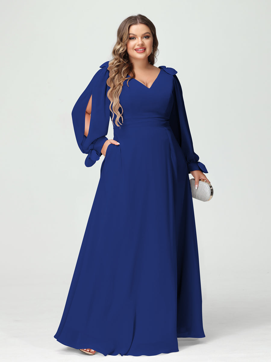 A-Line/Princess V-Neck Long Sleeves Chiffon Split Side Plus Size Bridesmaid Dresses with Pockets Dark Royal Blue