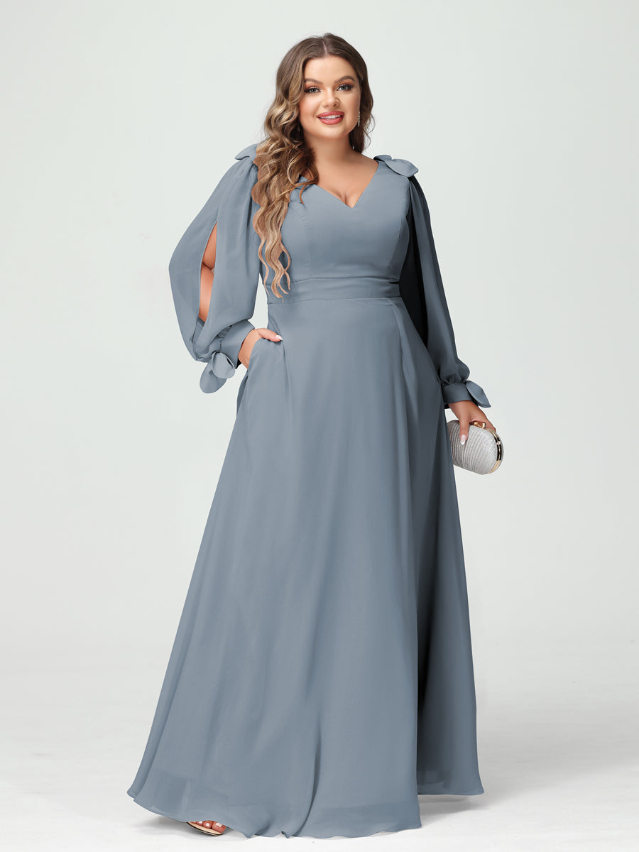 A-Line/Princess V-Neck Long Sleeves Chiffon Split Side Plus Size Bridesmaid Dresses with Pockets Dusty Blue