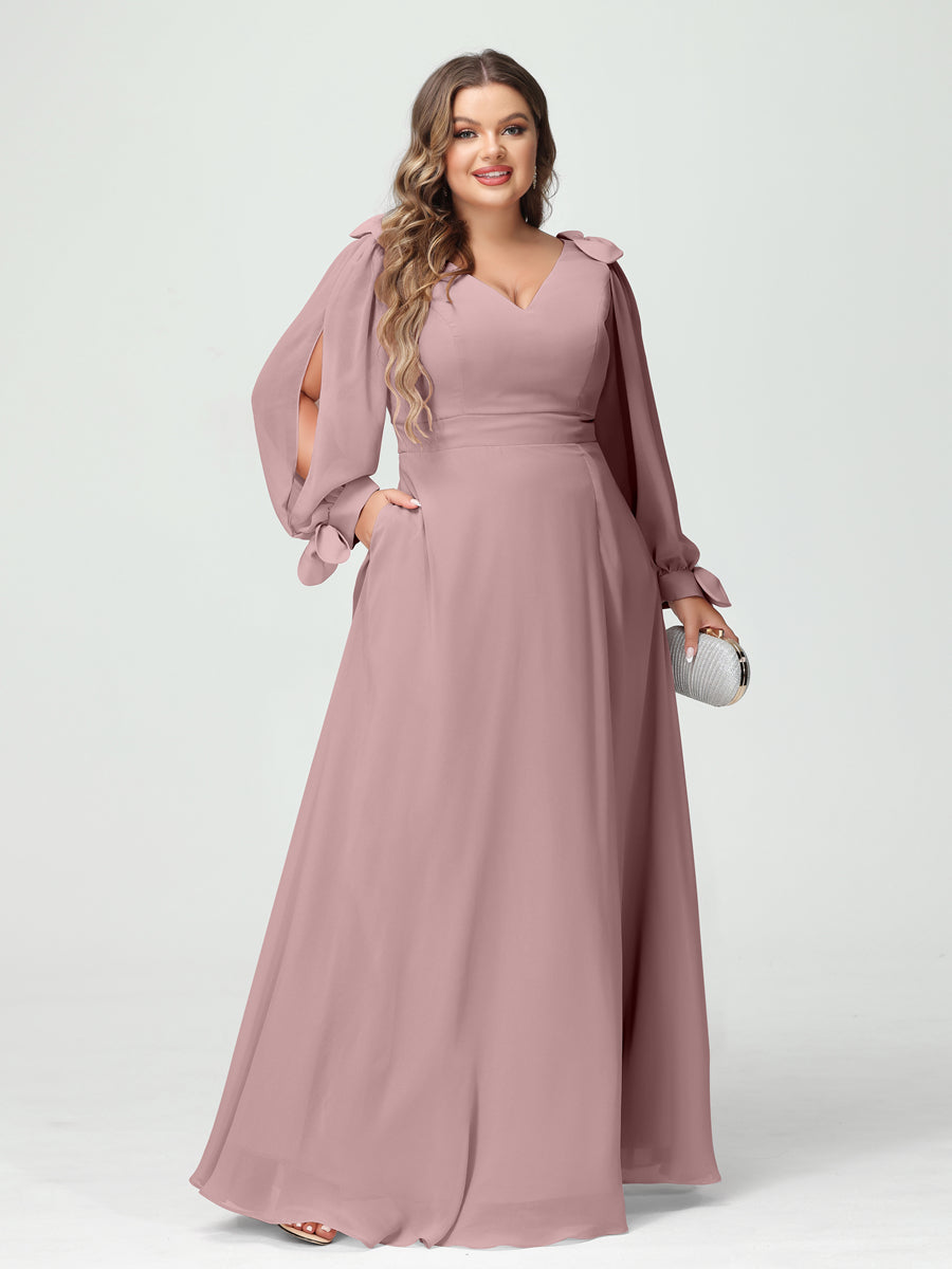 A-Line/Princess V-Neck Long Sleeves Chiffon Split Side Plus Size Bridesmaid Dresses with Pockets Dusty Pink