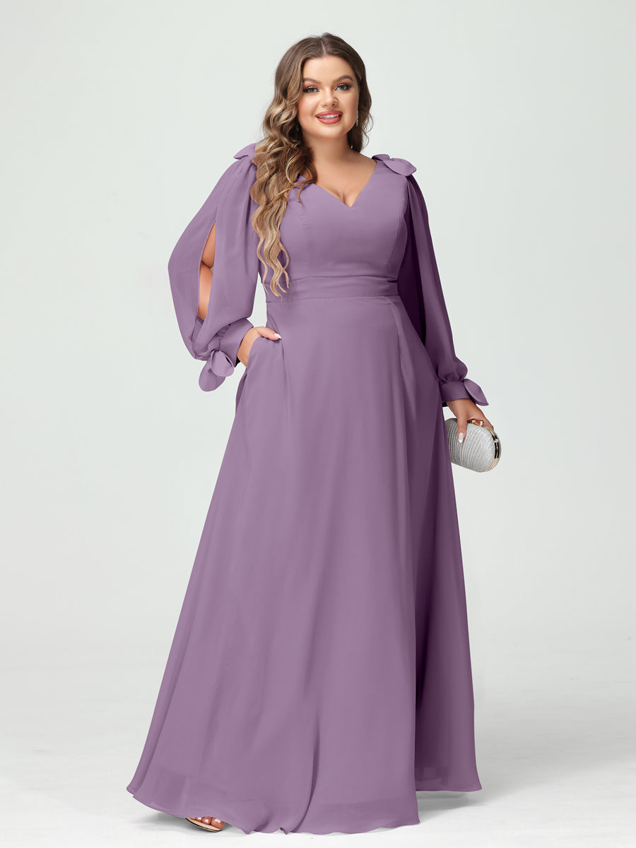 A-Line/Princess V-Neck Long Sleeves Chiffon Split Side Plus Size Bridesmaid Dresses with Pockets Dusty Purple