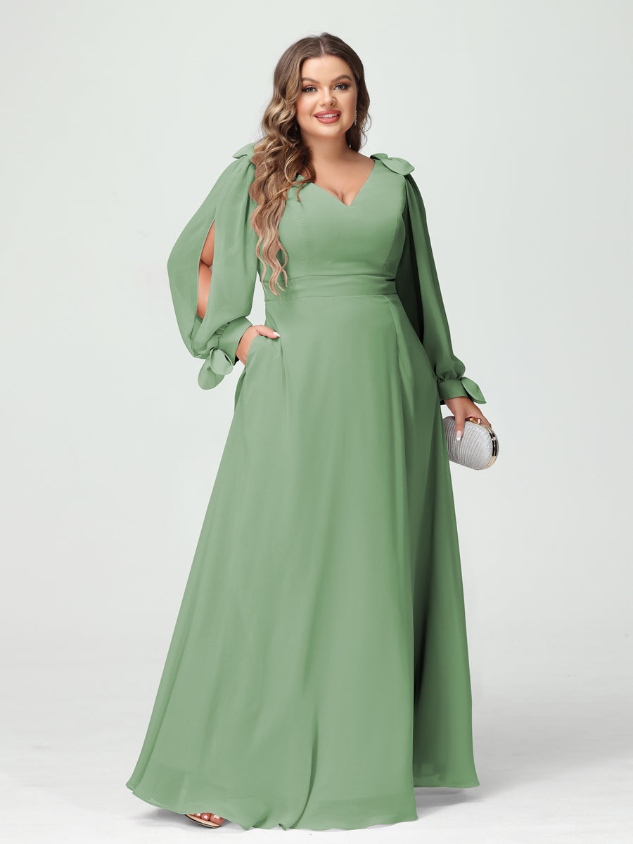 A-Line/Princess V-Neck Long Sleeves Chiffon Split Side Plus Size Bridesmaid Dresses with Pockets Dusty Sage