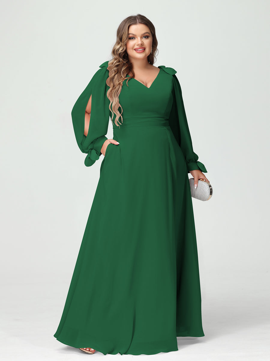A-Line/Princess V-Neck Long Sleeves Chiffon Split Side Plus Size Bridesmaid Dresses with Pockets Emerald