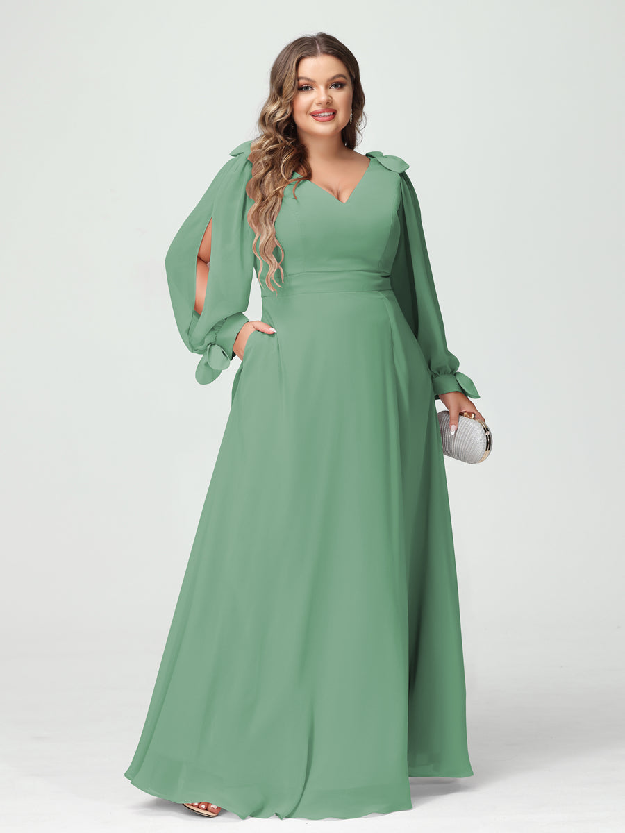 A-Line/Princess V-Neck Long Sleeves Chiffon Split Side Plus Size Bridesmaid Dresses with Pockets Eucalyptus