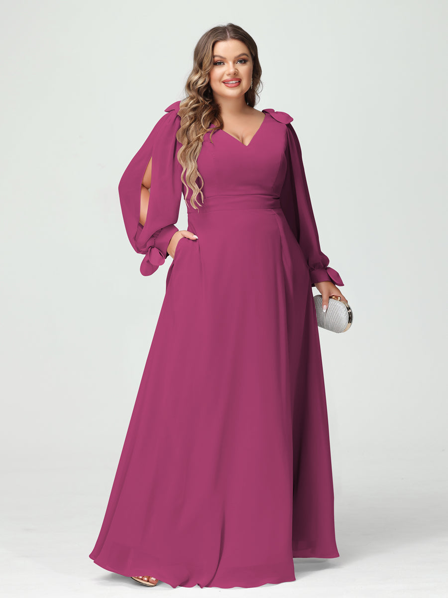 A-Line/Princess V-Neck Long Sleeves Chiffon Split Side Plus Size Bridesmaid Dresses with Pockets Fuchsia