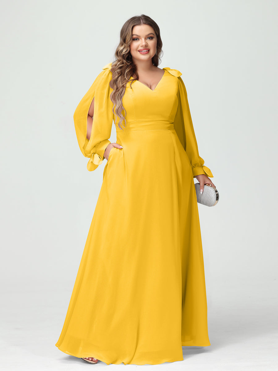 A-Line/Princess V-Neck Long Sleeves Chiffon Split Side Plus Size Bridesmaid Dresses with Pockets Gold