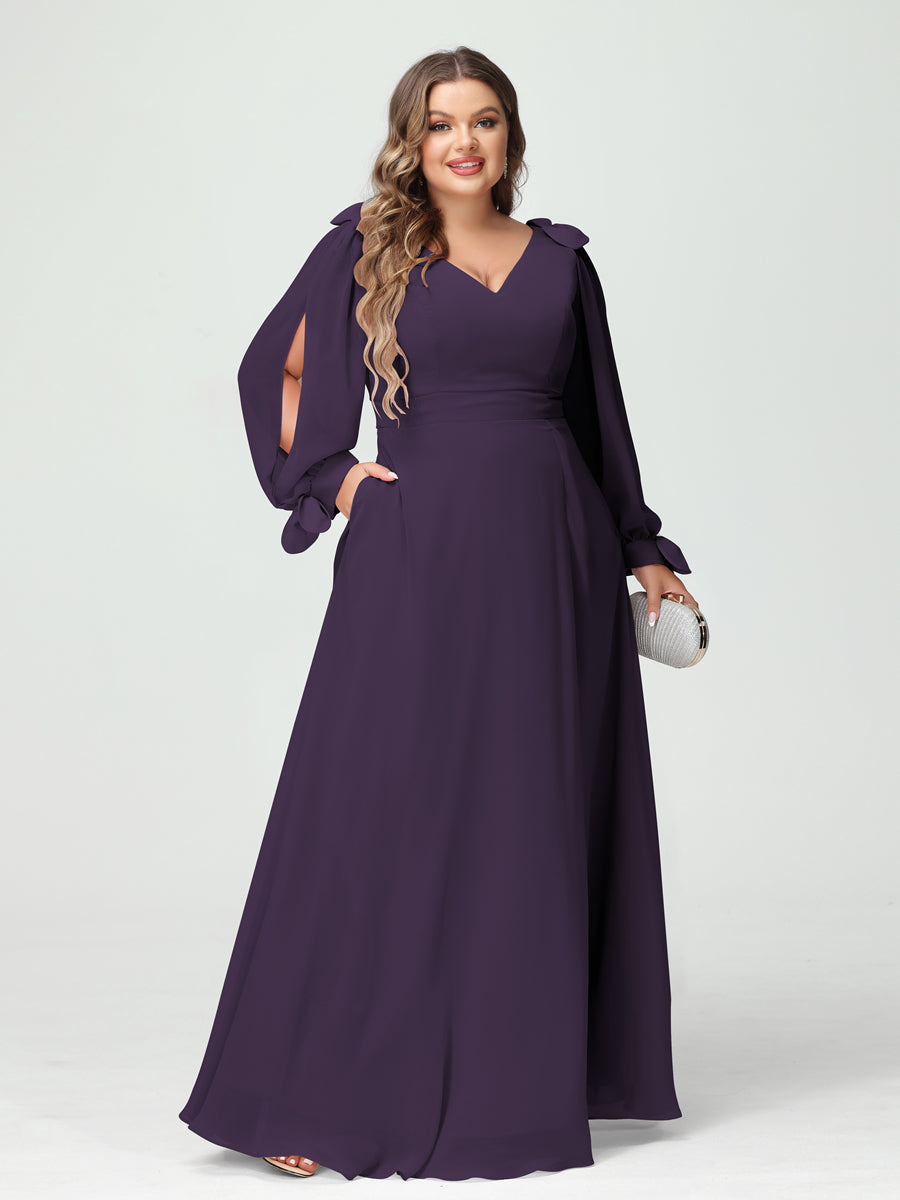 A-Line/Princess V-Neck Long Sleeves Chiffon Split Side Plus Size Bridesmaid Dresses with Pockets Grape