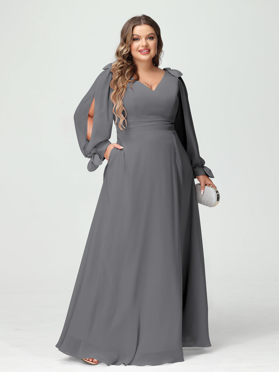 A-Line/Princess V-Neck Long Sleeves Chiffon Split Side Plus Size Bridesmaid Dresses with Pockets Gray