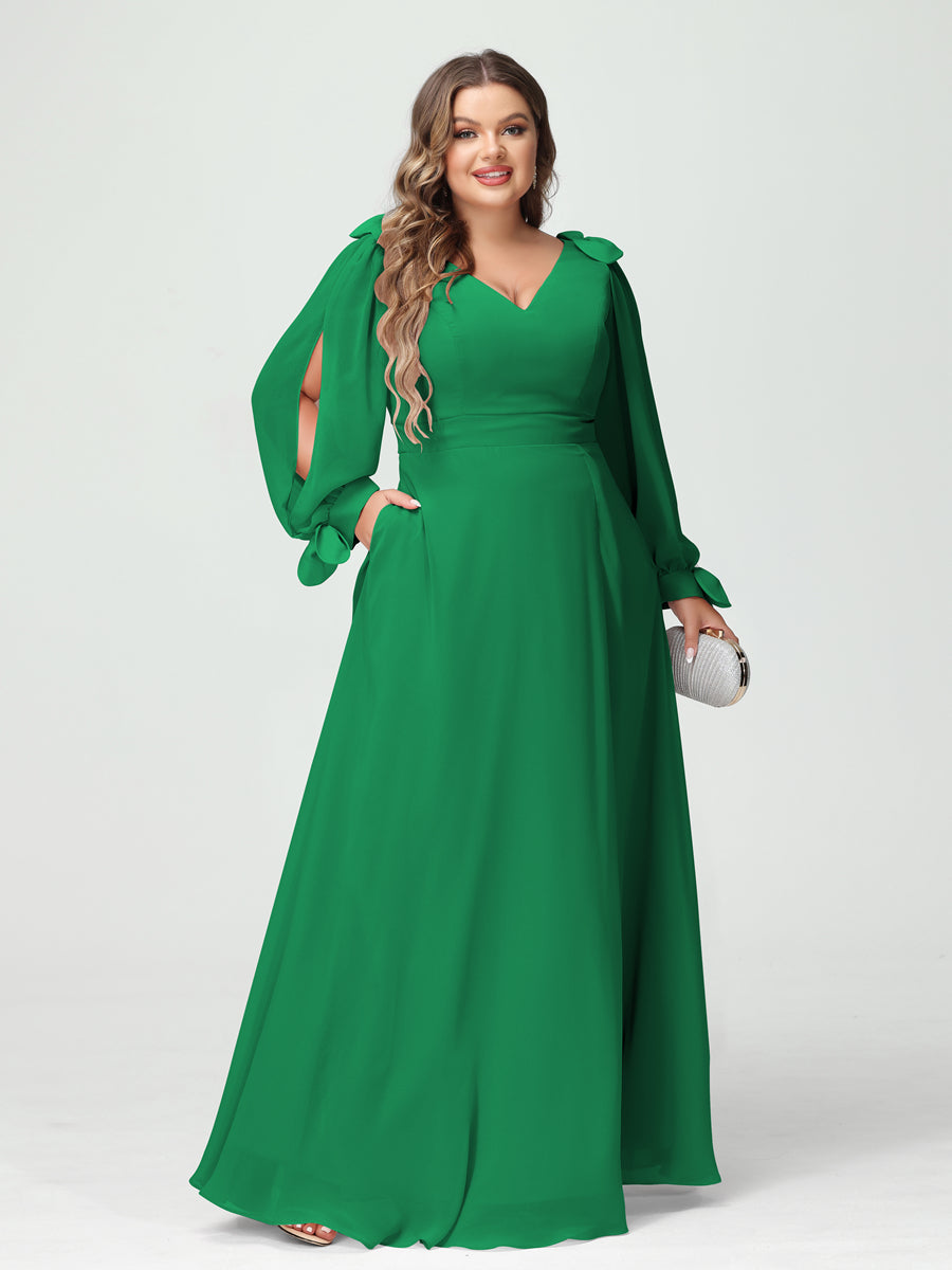 A-Line/Princess V-Neck Long Sleeves Chiffon Split Side Plus Size Bridesmaid Dresses with Pockets Green
