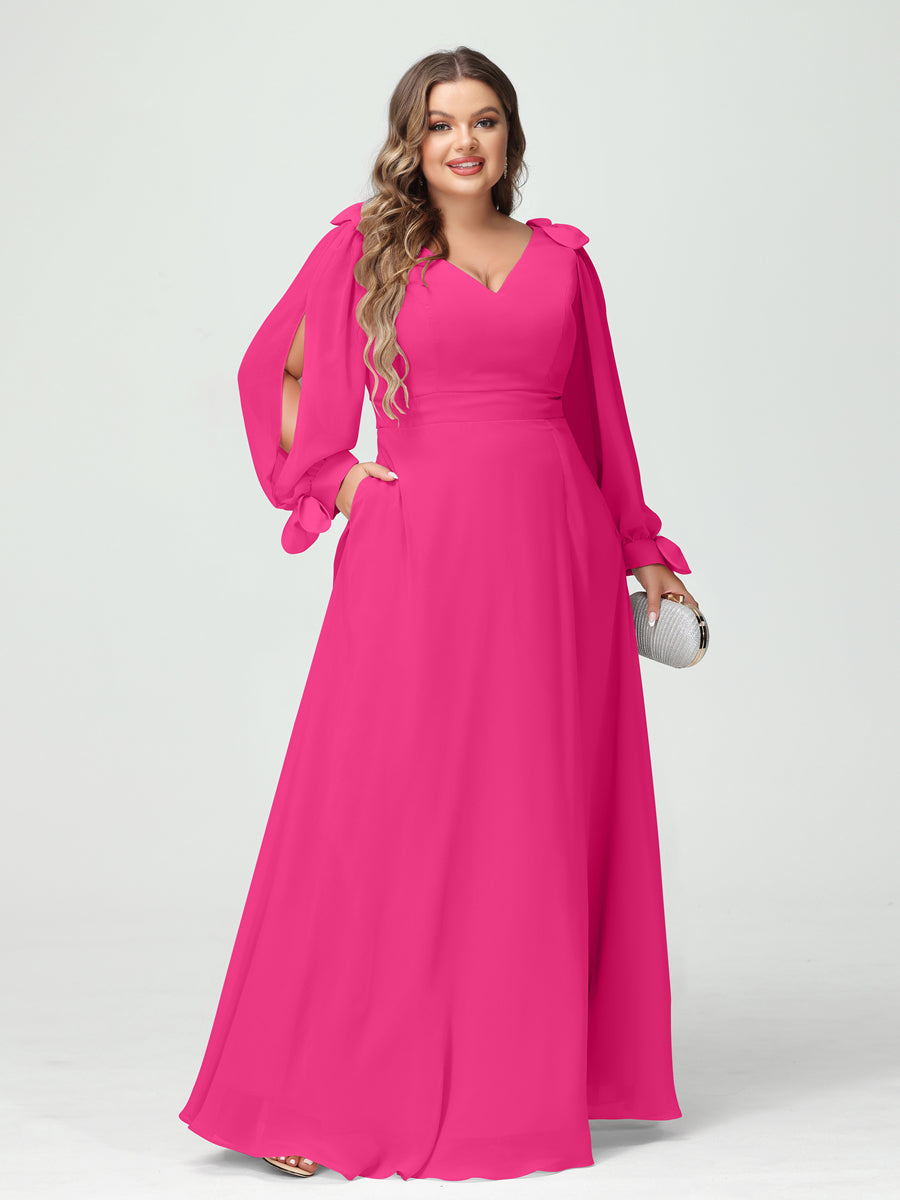 A-Line/Princess V-Neck Long Sleeves Chiffon Split Side Plus Size Bridesmaid Dresses with Pockets Hot Pink