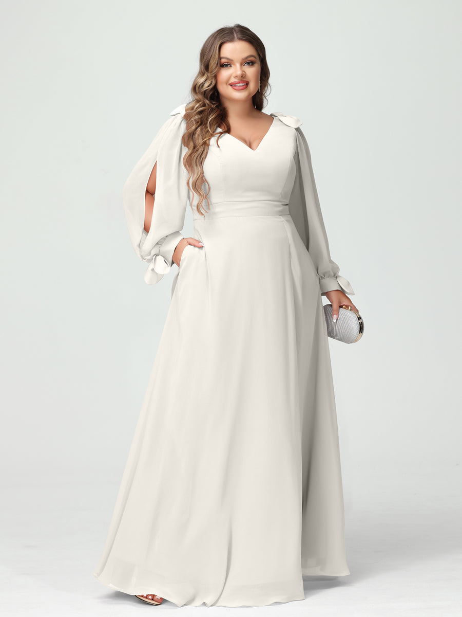 A-Line/Princess V-Neck Long Sleeves Chiffon Split Side Plus Size Bridesmaid Dresses with Pockets Ivory