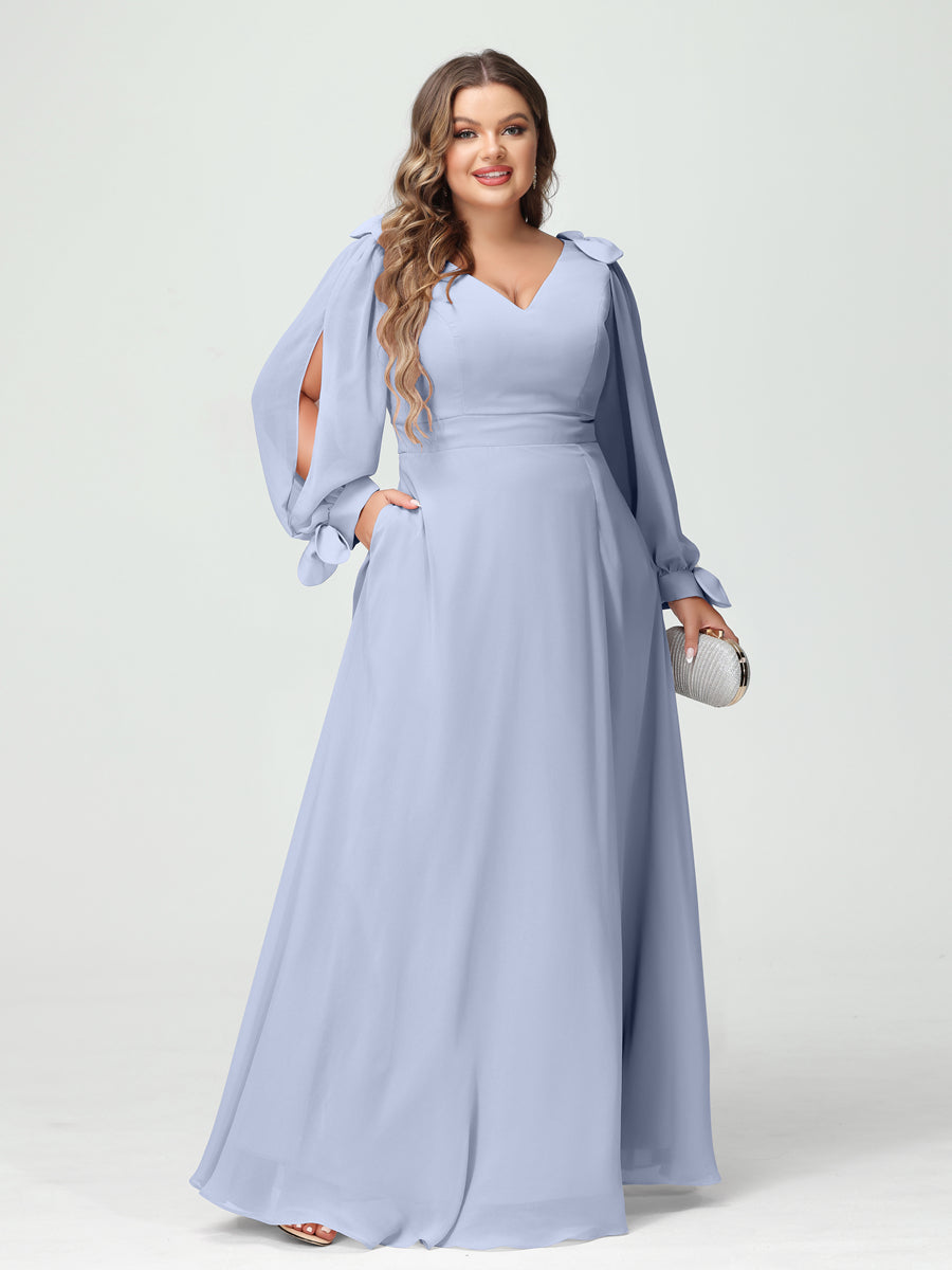 A-Line/Princess V-Neck Long Sleeves Chiffon Split Side Plus Size Bridesmaid Dresses with Pockets Lavender