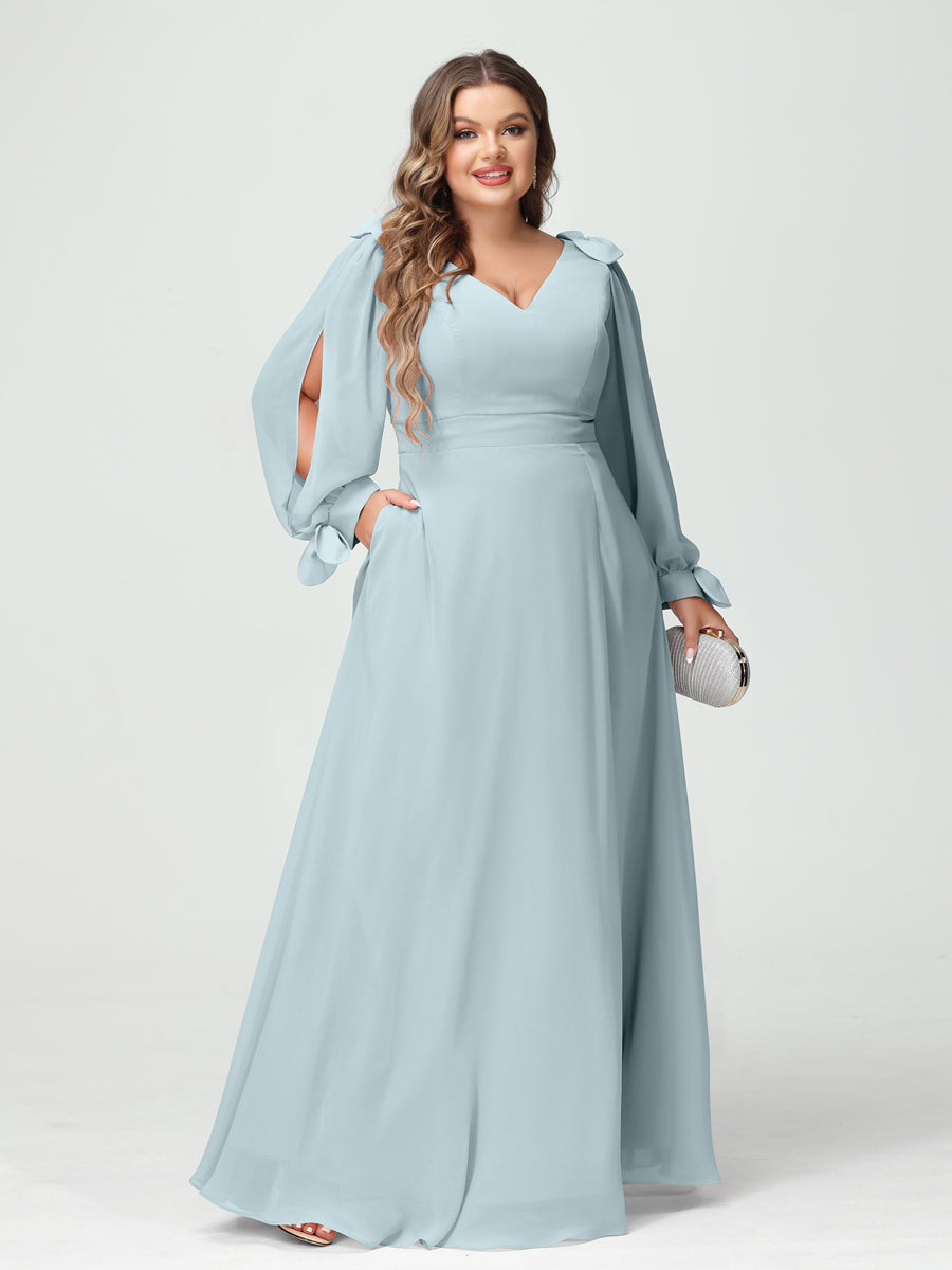A-Line/Princess V-Neck Long Sleeves Chiffon Split Side Plus Size Bridesmaid Dresses with Pockets Light Blue