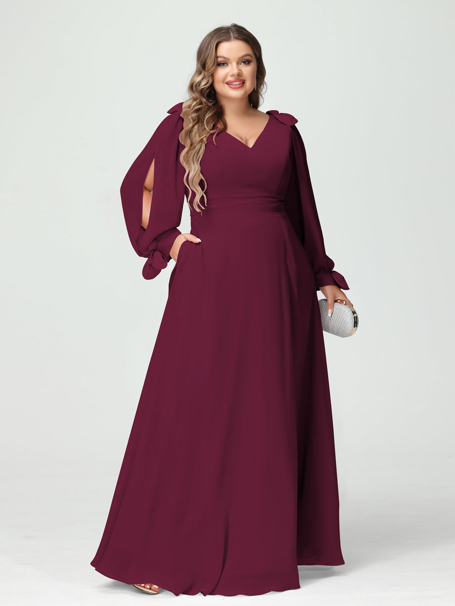 A-Line/Princess V-Neck Long Sleeves Chiffon Split Side Plus Size Bridesmaid Dresses with Pockets Light Burgundy