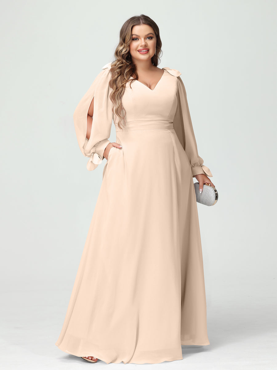 A-Line/Princess V-Neck Long Sleeves Chiffon Split Side Plus Size Bridesmaid Dresses with Pockets Light Champagne