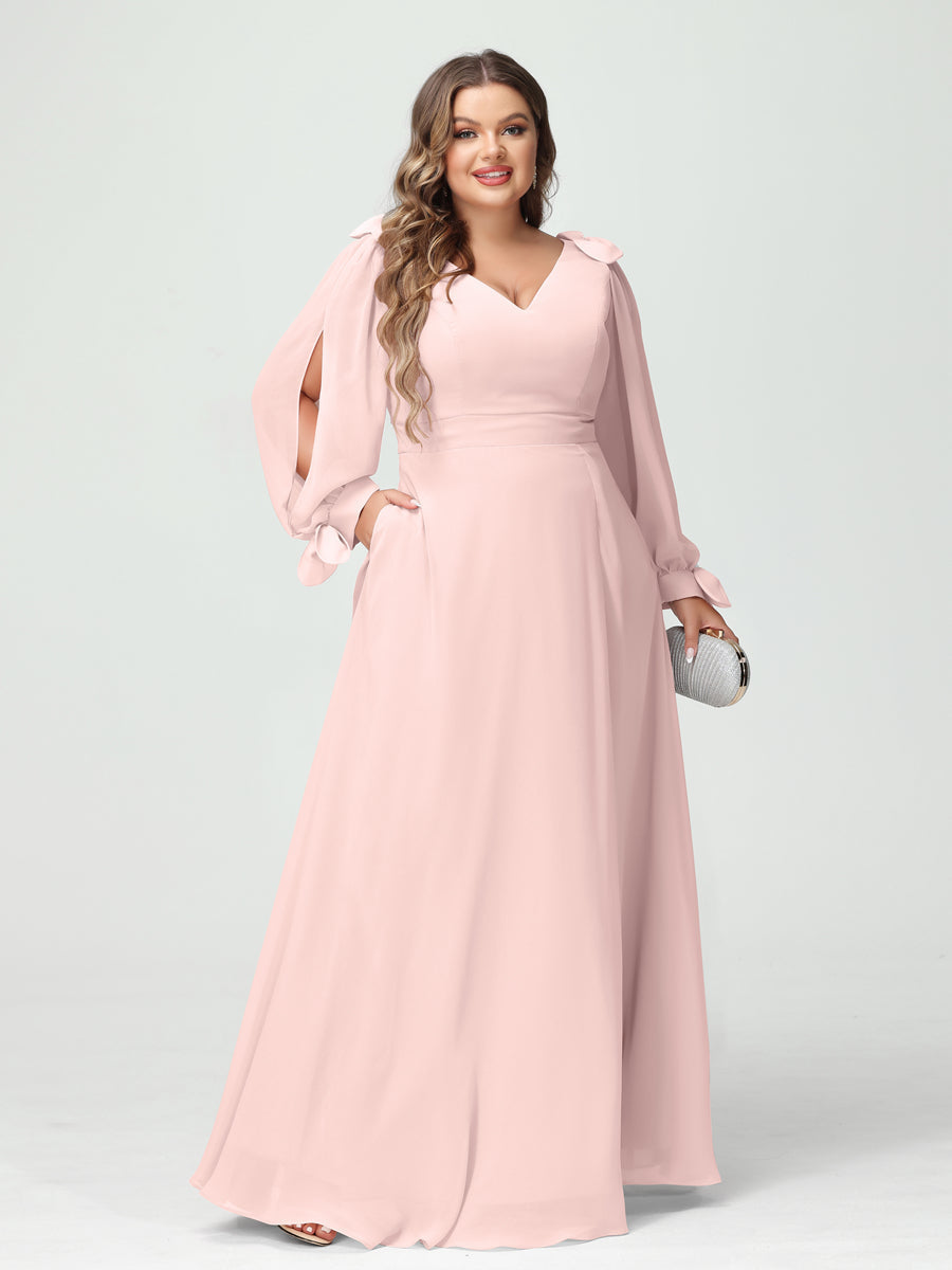 A-Line/Princess V-Neck Long Sleeves Chiffon Split Side Plus Size Bridesmaid Dresses with Pockets Light Pink