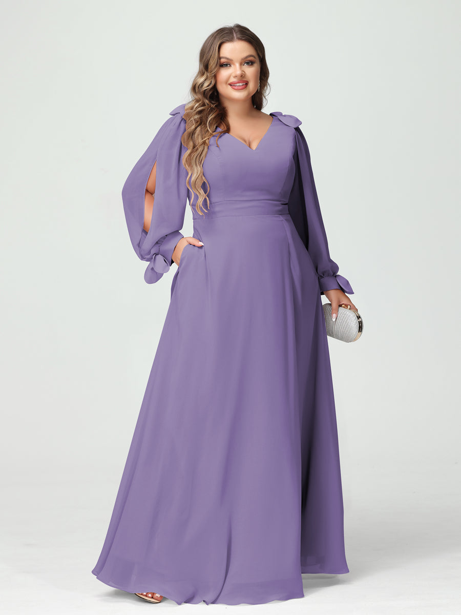 A-Line/Princess V-Neck Long Sleeves Chiffon Split Side Plus Size Bridesmaid Dresses with Pockets Light Purple