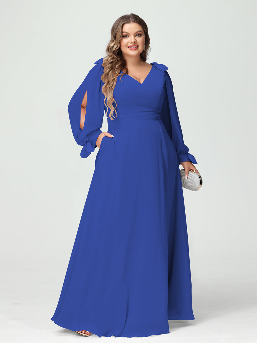 A-Line/Princess V-Neck Long Sleeves Chiffon Split Side Plus Size Bridesmaid Dresses with Pockets Light Royal Blue