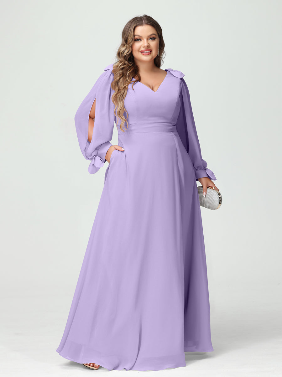 A-Line/Princess V-Neck Long Sleeves Chiffon Split Side Plus Size Bridesmaid Dresses with Pockets Lilac