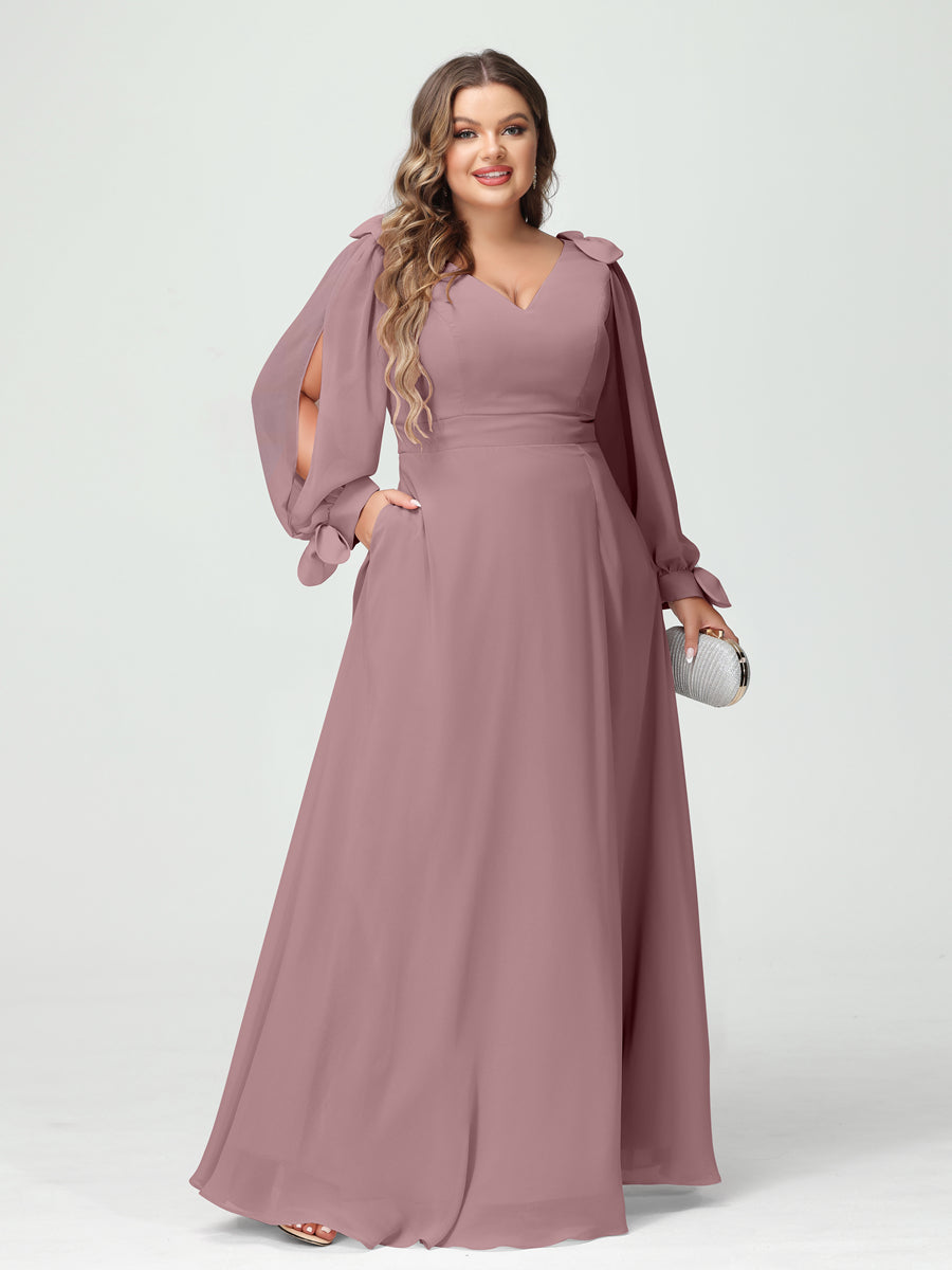 A-Line/Princess V-Neck Long Sleeves Chiffon Split Side Plus Size Bridesmaid Dresses with Pockets Mauve