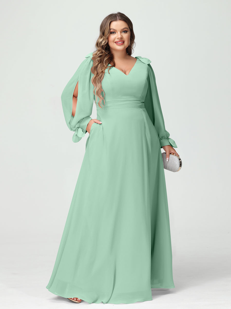 A-Line/Princess V-Neck Long Sleeves Chiffon Split Side Plus Size Bridesmaid Dresses with Pockets Mint Green