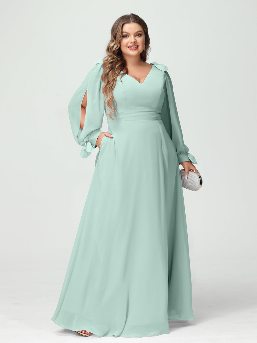 A-Line/Princess V-Neck Long Sleeves Chiffon Split Side Plus Size Bridesmaid Dresses with Pockets Mist Blue