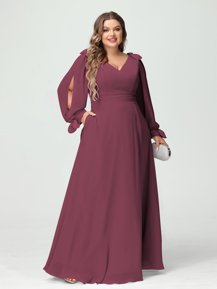 A-Line/Princess V-Neck Long Sleeves Chiffon Split Side Plus Size Bridesmaid Dresses with Pockets Mulberry